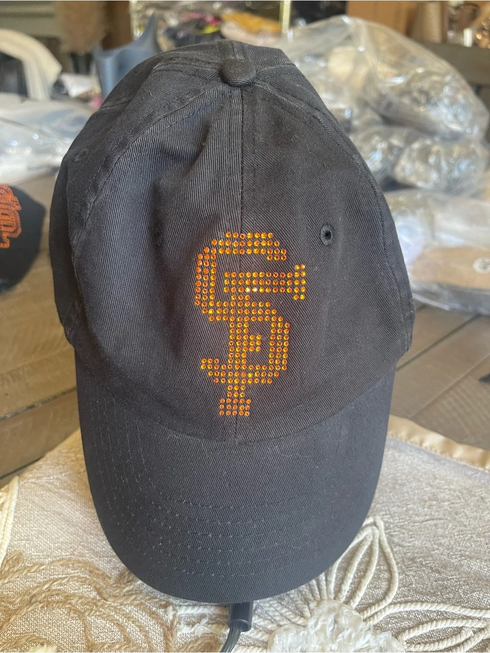 Black Baseball Cap with Orange Rhinestone SF Logo
